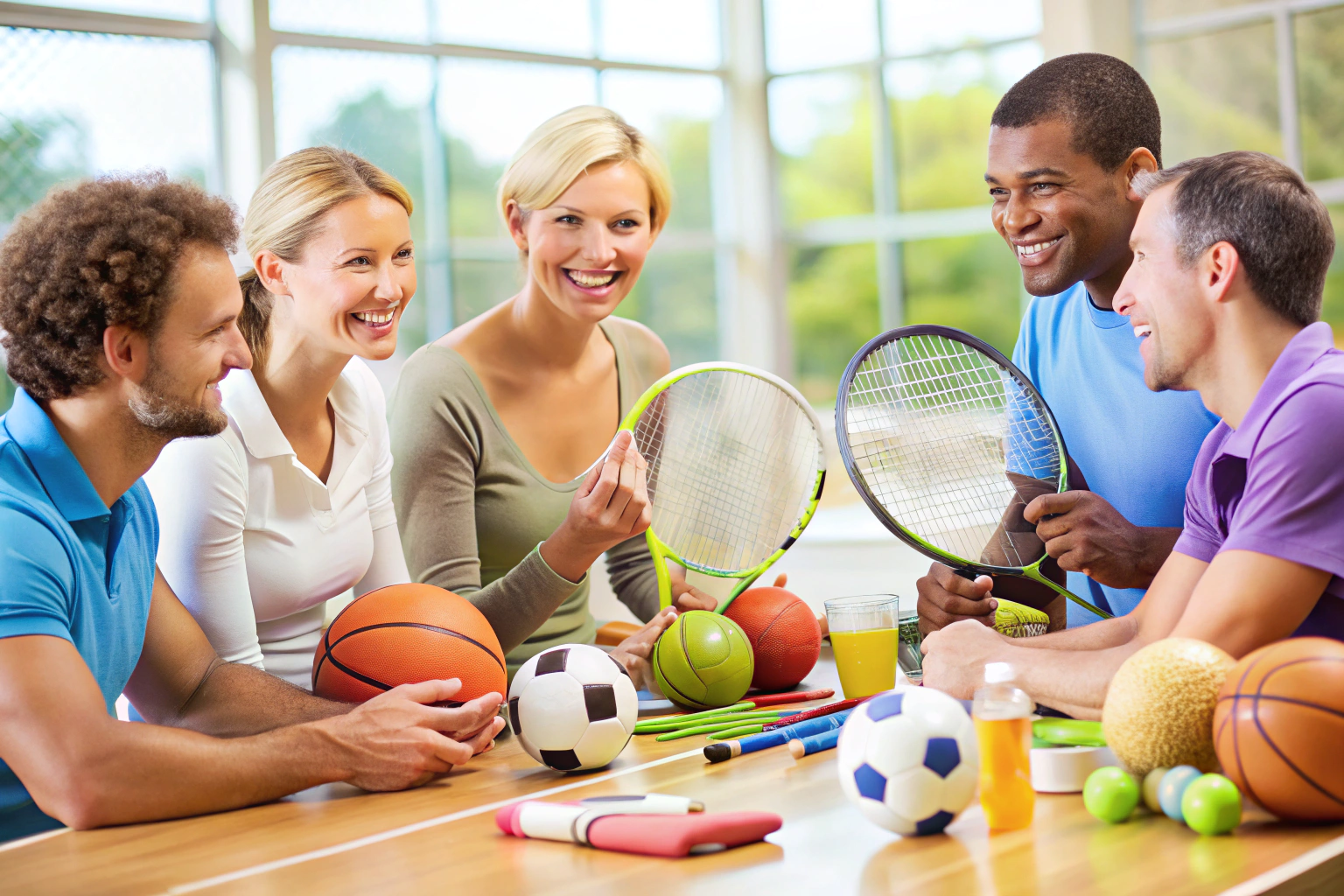 O imagine care arată o echipă de oameni discutând în jurul unei mese cu diverse tipuri de echipament sportiv, cum ar fi mingi, rachete și accesorii, într-un mediu luminos și prietenos, fără elemente de branding