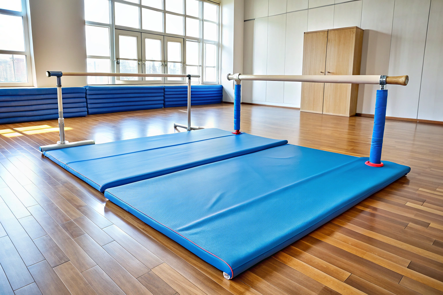 O imagine a unui covoraș de gimnastică albastru întins pe o podea de lemn, cu o bară de gimnastică portabilă alăturată, într-o cameră bine luminată fără elemente de branding