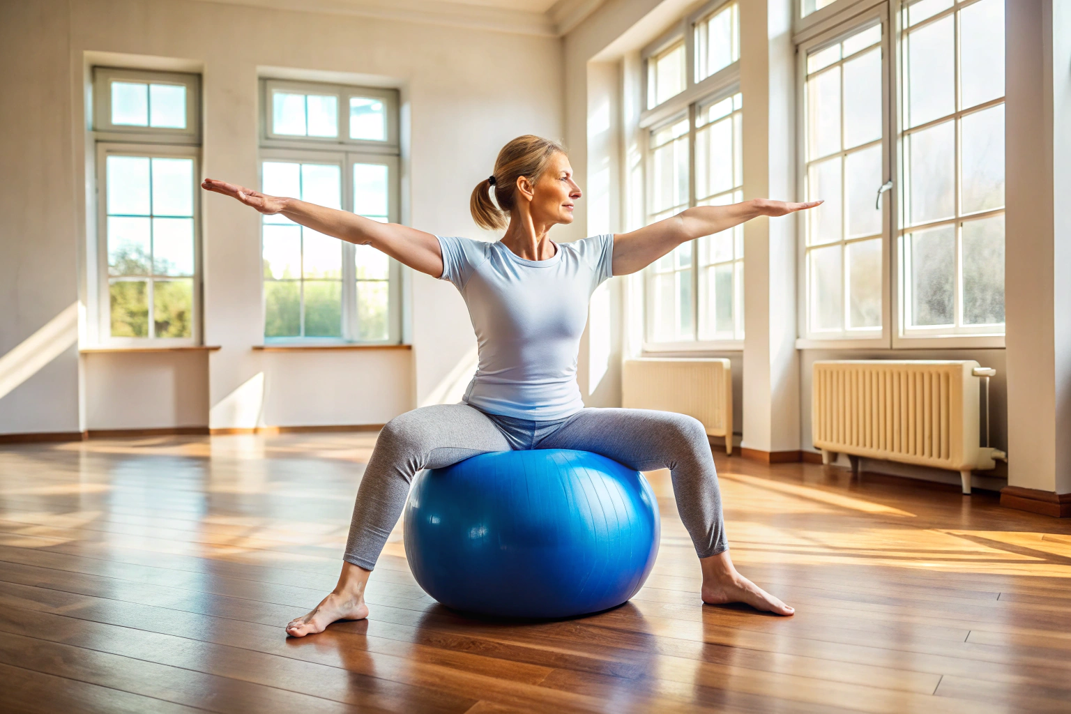 A person sitting on a large blue stability ball with arms extended for balance, in a well-lit room with wooden floors, demonstrating core engagement