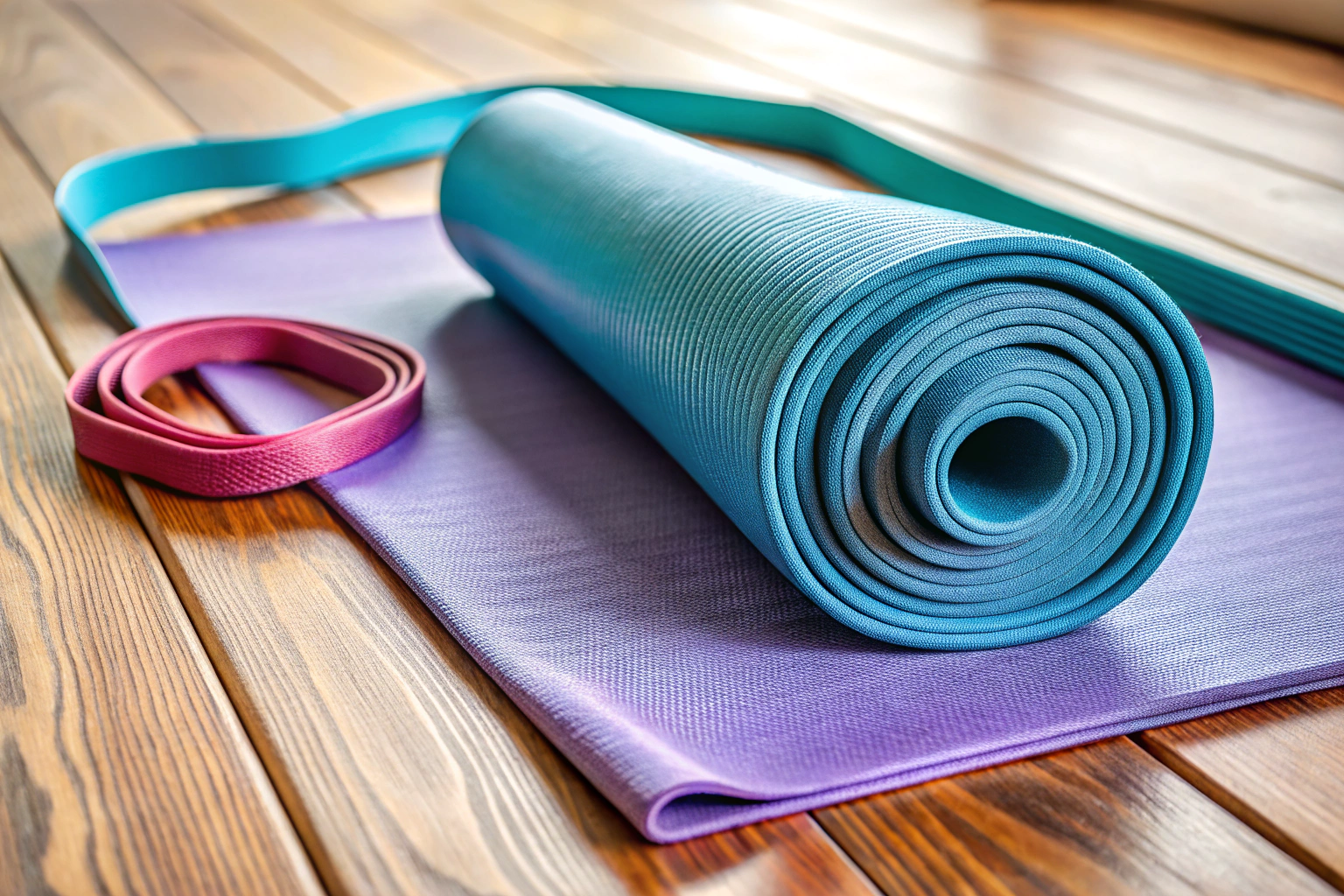 Close-up of a clean yoga mat and resistance bands on a wooden floor, with no branding or text visible