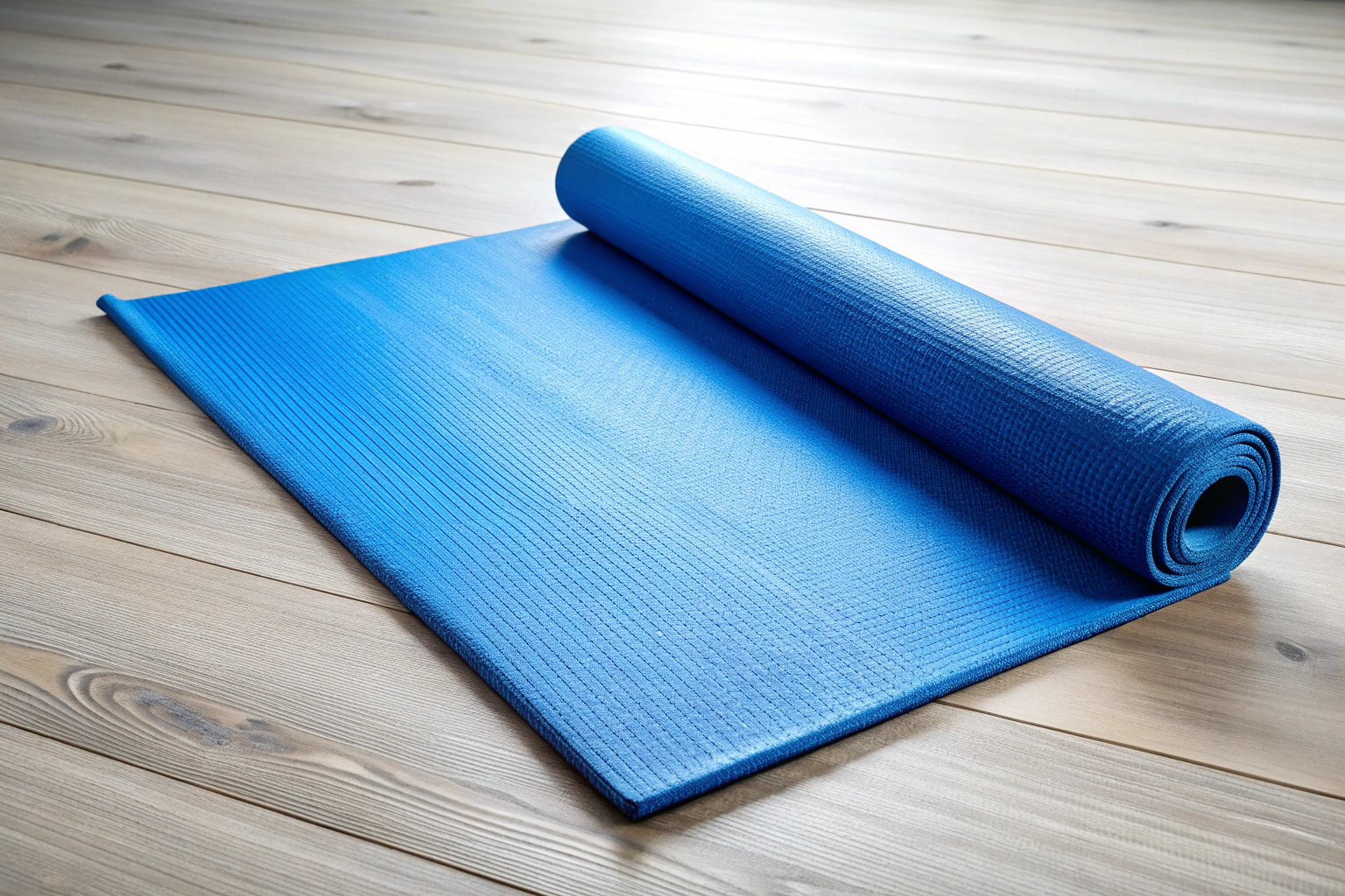 Un covoraș de yoga albastru deschis întins pe o podea de lemn clar, cu o textură ușor reliefată și fără nicio marcă vizibilă
